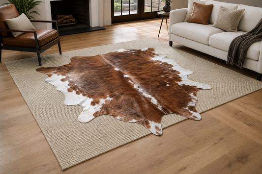 Brown and ivory whole-hide cowhide layered over a neutral flat-weave rug