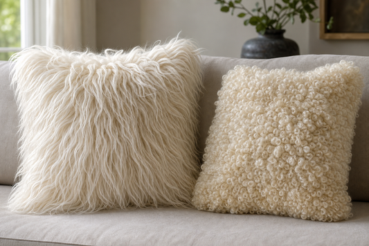 Long-wool and curly-lamb throw pillows compared in side light on a calm sofa