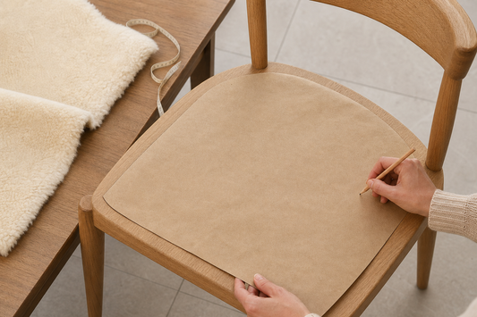 Blank paper template being traced for a nonstandard chair beside a short-pile sheepskin pad sample