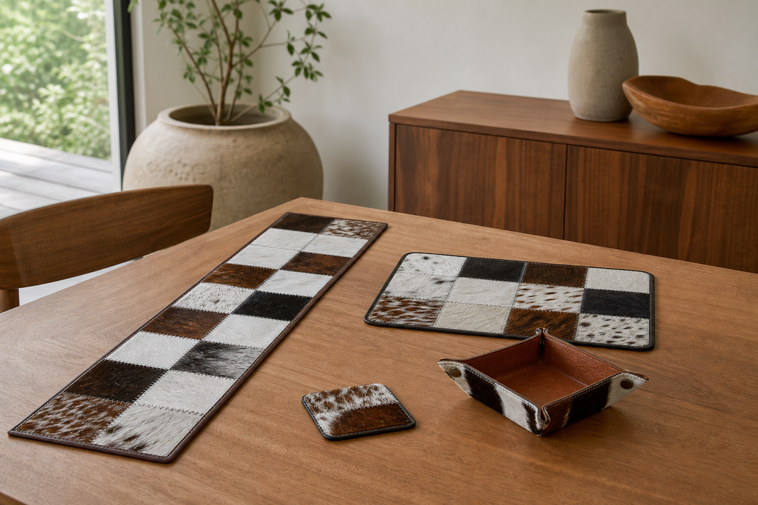 Cowhide runner, placemat, coaster, and catchall arranged with clear space on natural wood surfaces