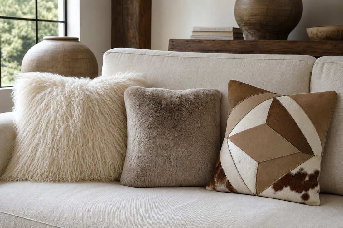 Long-wool, rabbit-fur, and cowhide throw pillows compared on a calm neutral sofa