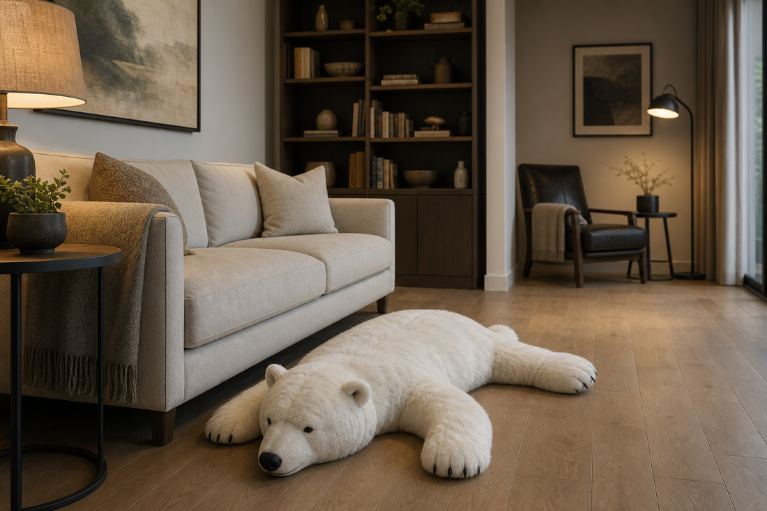 White natural-fur polar bear floor cushion in a clear adult reading corner beside a sofa