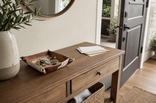 Cowhide catchall organized with keys and a watch on an uncluttered entryway console
