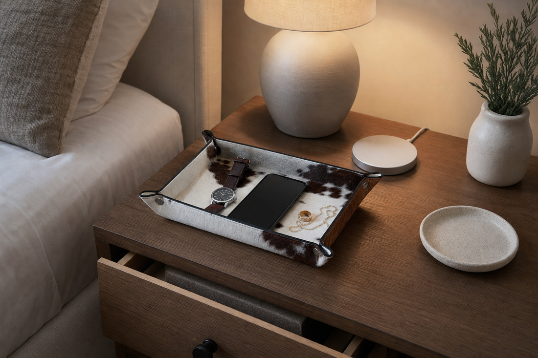 Cowhide valet tray holding a restrained bedside inventory beside an unobstructed lamp and charger