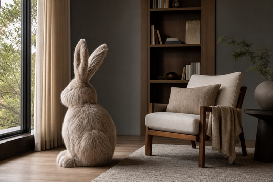 Oversized rabbit fur bunny body template tested in a clear reading nook with ear clearance
