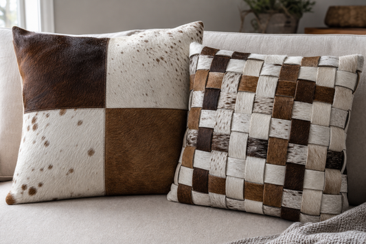 Patchwork cowhide pillow beside a handwoven cowhide-strip pillow in a neutral interior