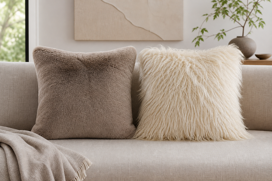 Dense rabbit-fur and flowing wool throw pillows compared against smooth neutral upholstery