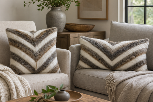 Square and lumbar rabbit-and-raccoon chevron pillows styled separately on neutral seating