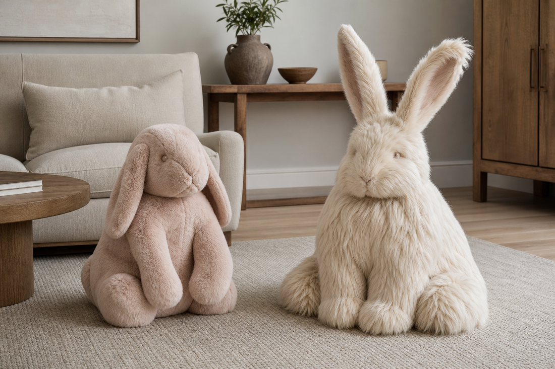 Dense Rex rabbit fur lop-eared decor compared with an oversized long-hair rabbit fur bunny