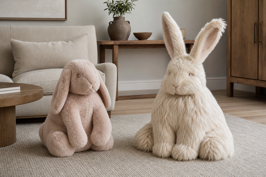 Dense Rex rabbit fur lop-eared decor compared with an oversized long-hair rabbit fur bunny