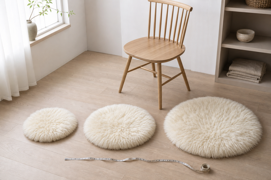 Three ivory round sheepskin chair pads arranged in graduated diameters beside a wooden chair