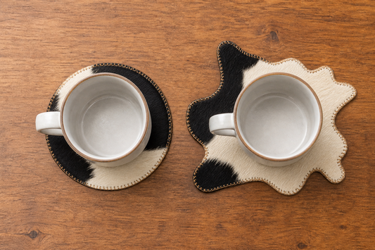 Round and cowhide-silhouette coaster outlines compared with the same cup on a wood table