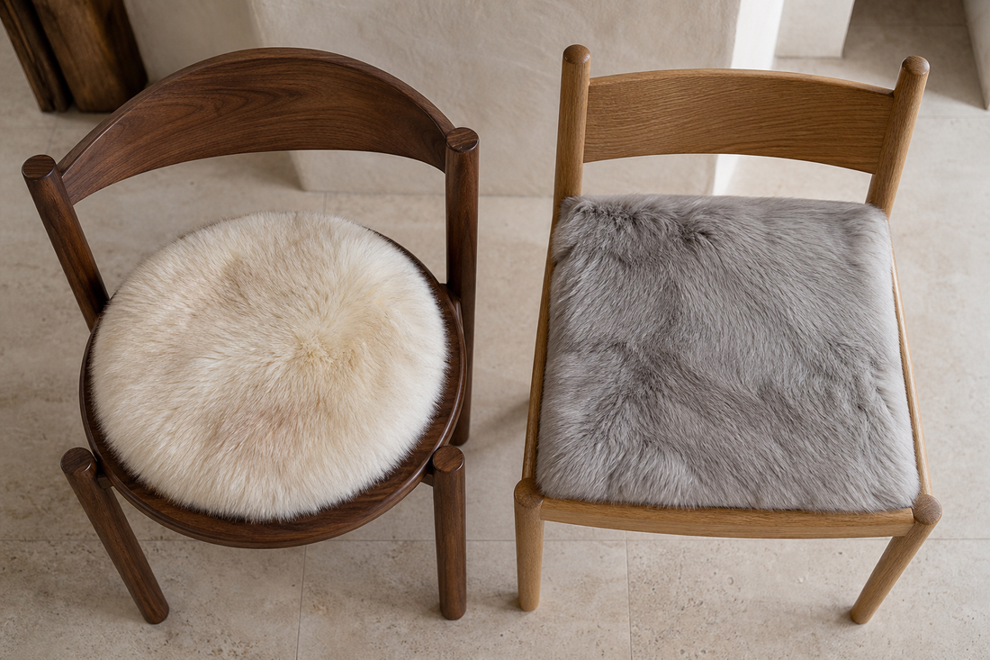 Round and square natural fox fur cushions fitted to chairs with matching seat outlines