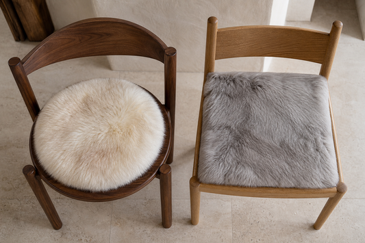 Round and square natural fox fur cushions fitted to chairs with matching seat outlines