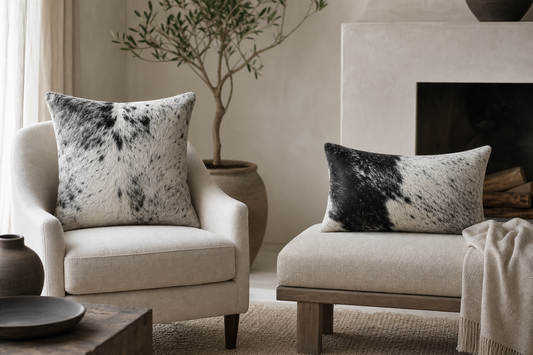 Salt-and-pepper cowhide square and lumbar pillows styled with restrained black and ivory accents