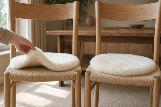 Two round sheepskin chair pad setups compared for removable and secured chair use