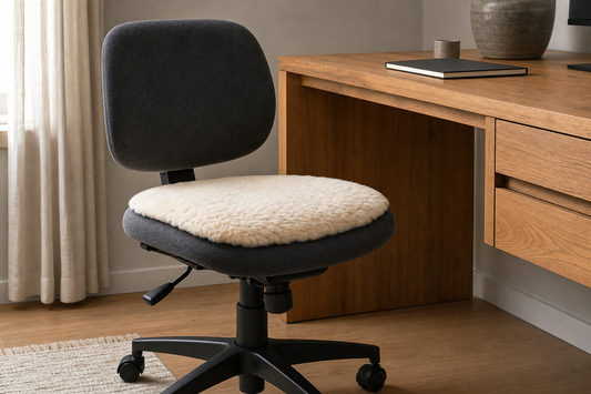 Short-pile sheepskin pad fitted to a neutral home office chair with controls and seat edges visible