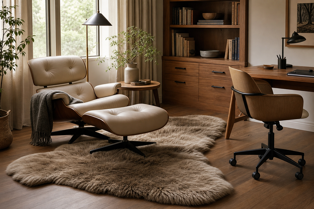 Mushroom taupe irregular sheepskin rug beside a reading chair and small table