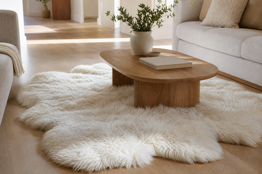 Low oak coffee table partly centered over an ivory multi-pelt sheepskin rug