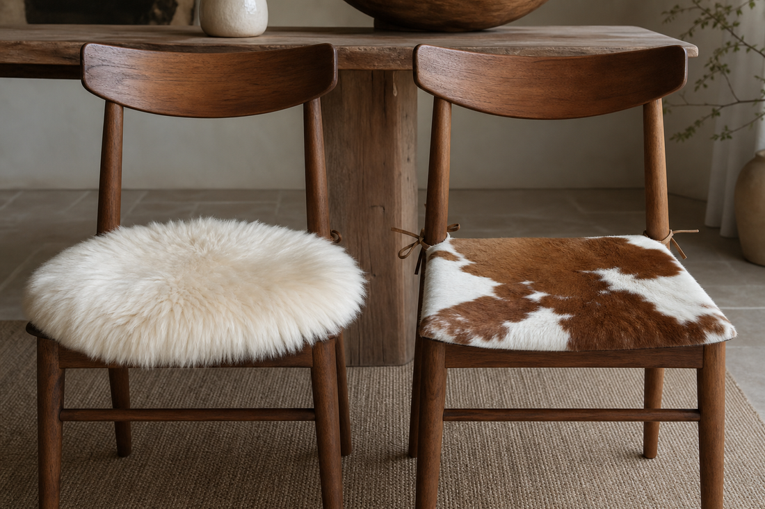 Ivory round sheepskin pad and brown square tie-on cowhide pad compared on wooden dining chairs