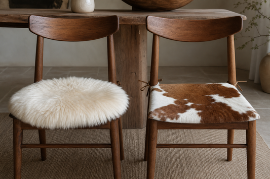 Ivory round sheepskin pad and brown square tie-on cowhide pad compared on wooden dining chairs