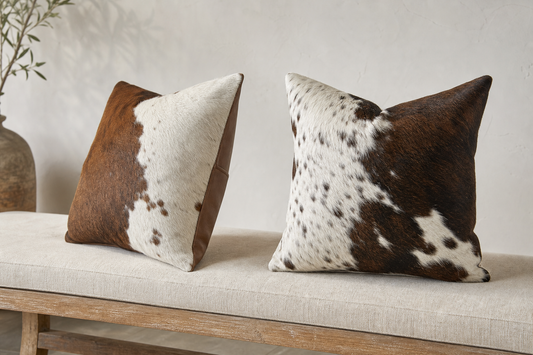 Single-sided and double-sided cowhide pillows displayed from front and reverse on an open bench