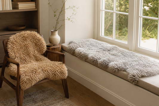 Single curly lamb pelt on a reading chair beside a double-pelt pad across a window seat
