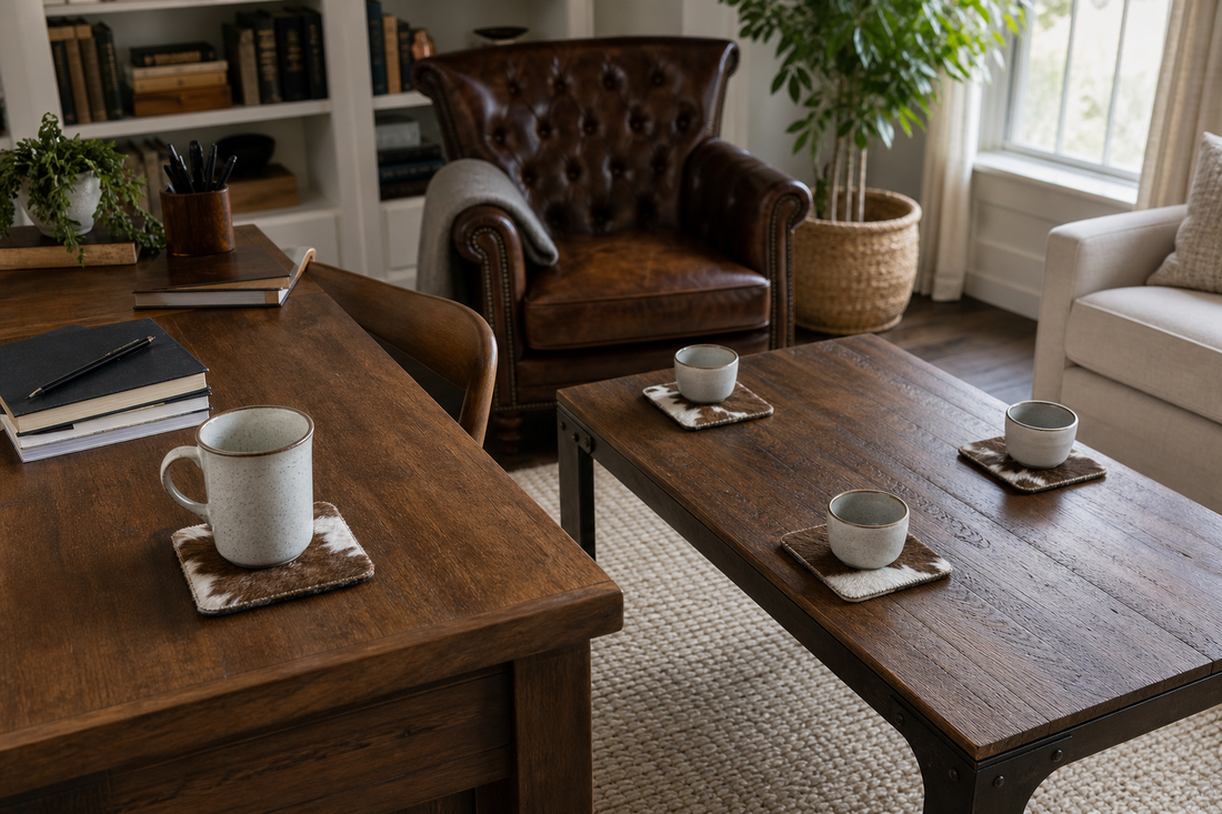 One cowhide coaster and a coordinated set of four mapped to real drink positions on wood surfaces