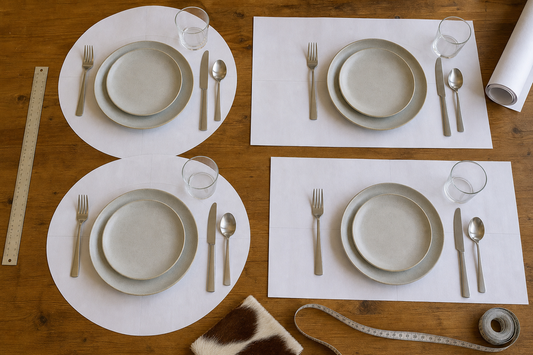Cowhide placemat paper templates sized around plates, flatware, and glasses on a dining table
