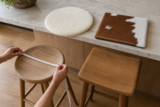Round and square bar stool tops measured beside compact sheepskin and cowhide chair pads
