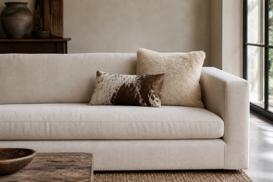Square and lumbar natural-material throw pillows compared on the same neutral sofa