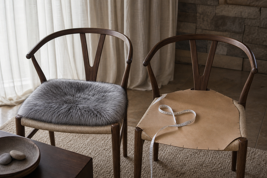 Standard square fox fur chair cushion on one chair beside a blank custom seat template on another