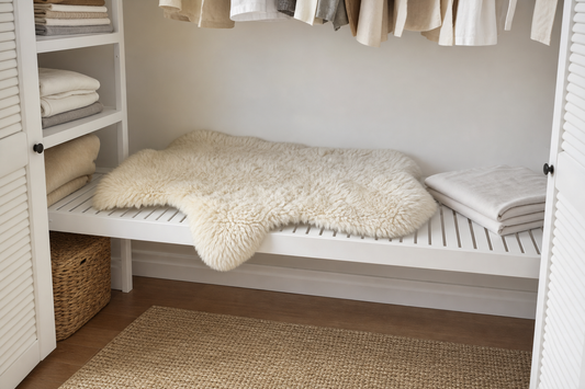 Dry ivory sheepskin rug loosely supported on a wide ventilated storage shelf