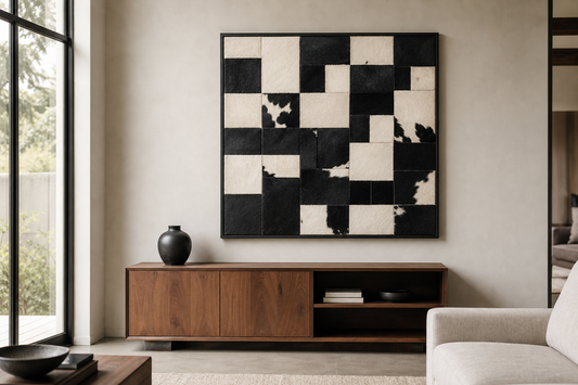 Black and ivory cowhide patchwork wall art styled above a restrained warm wood console