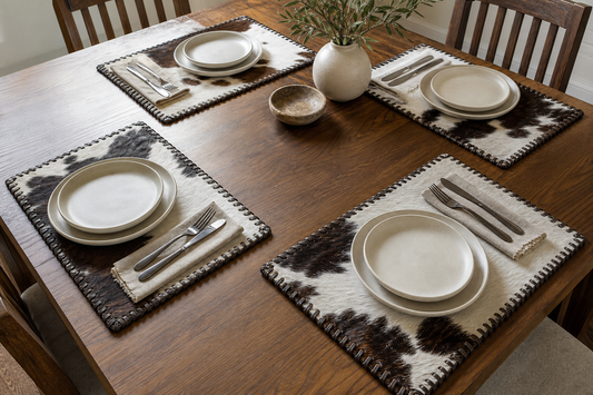 Hand-laced cowhide placemats styled with simple solid dinnerware and open warm wood