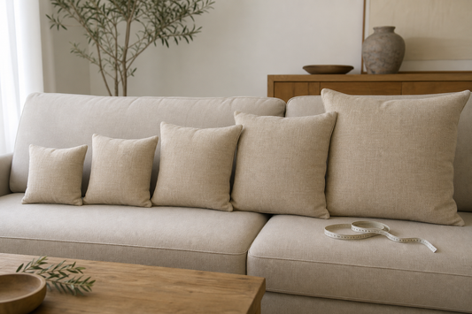 Five square natural throw pillow outlines arranged from 40 to 60 centimeters on a neutral sofa