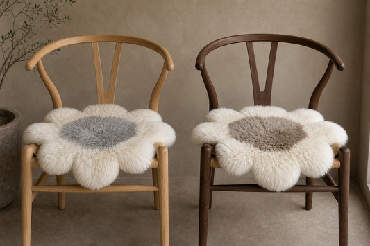 Two-tone flower sheepskin chair pads paired with light oak and dark walnut chair finishes