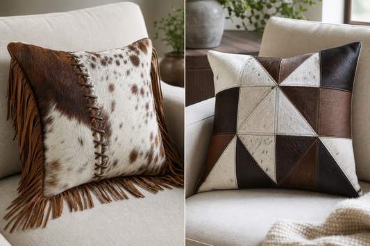 Western fringed cowhide pillow compared with a structured geometric cowhide pillow on neutral seating