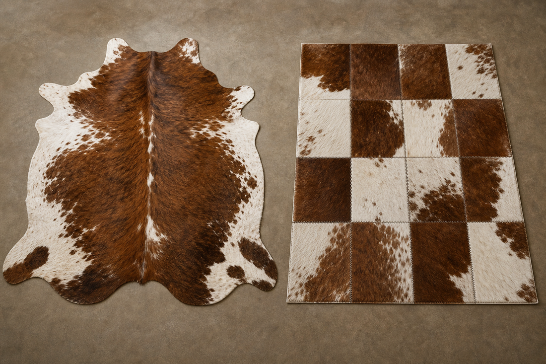 Natural whole-hide cowhide rug beside a rectangular stitched patchwork cowhide rug