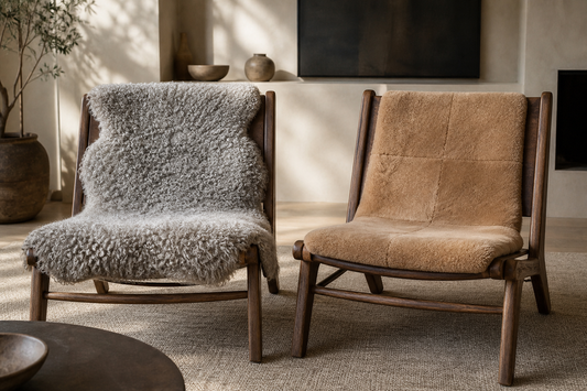 Organic whole-pelt curly lamb pad compared with a regular short-pile patchwork chair pad
