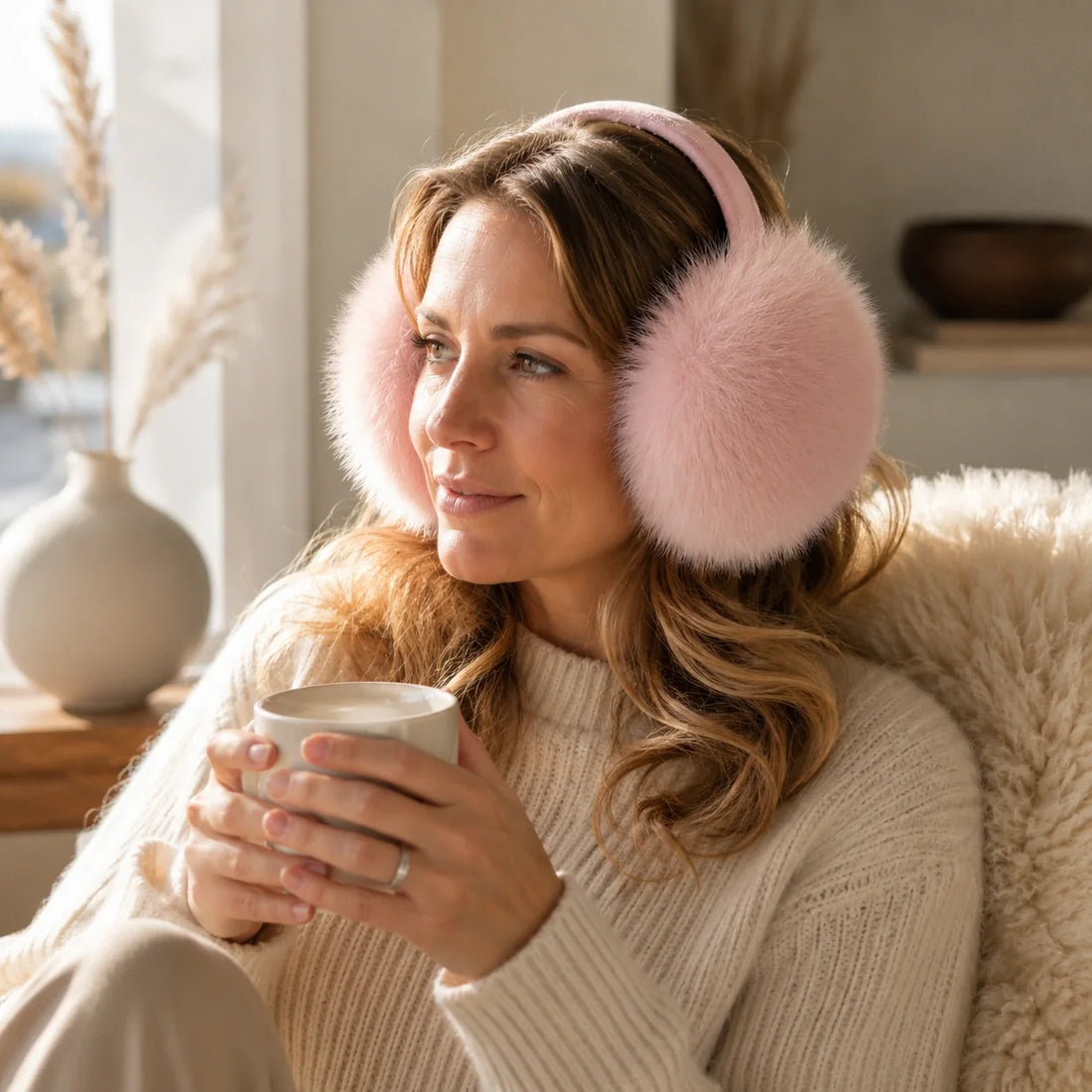 Dusty rose genuine fox fur earmuffs in soft natural daylight