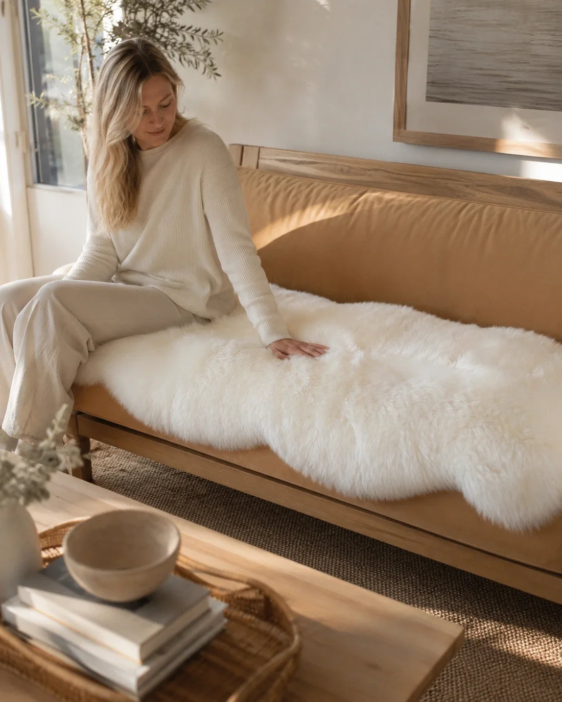 Capricornus Living Ivory White genuine sheepskin runner used on a leather sofa in a quiet living room