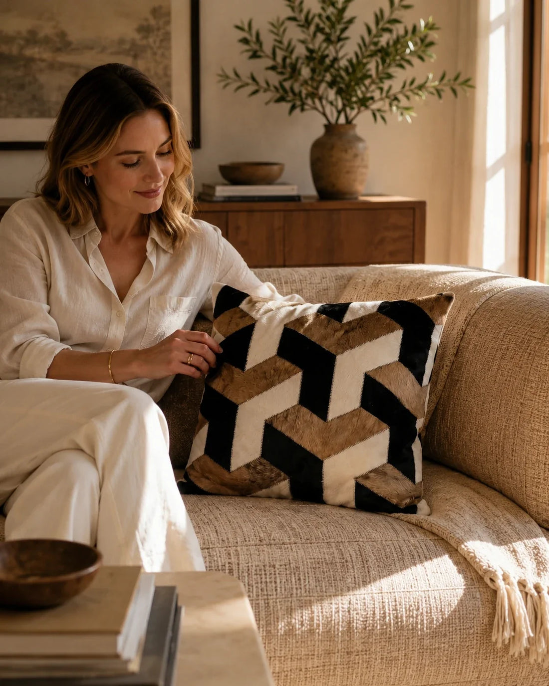 Capricornus Living Tan Tiger geometric cowhide pillow shown at scale in a warm American living room