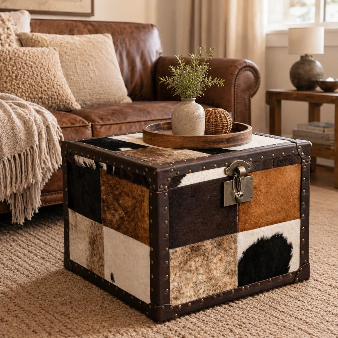 Capricornus Living Warm Tricolor cowhide storage trunk styled beside a leather sofa