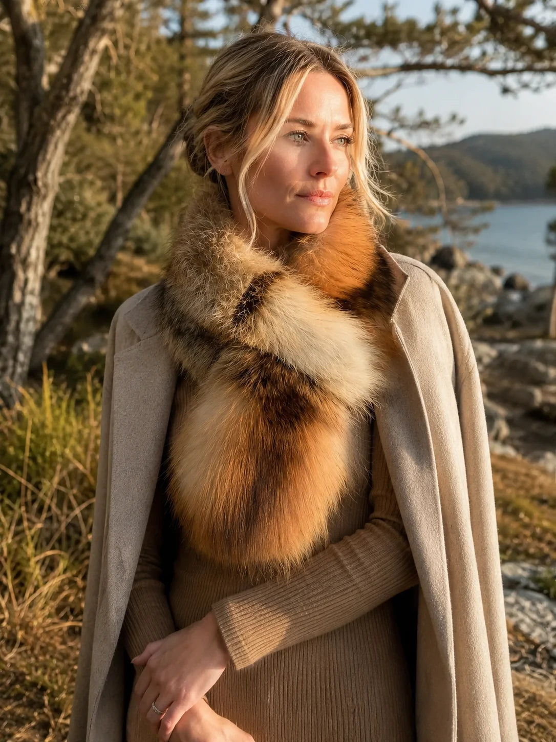Natural Red Fox double-sided scarf styled outdoors by water