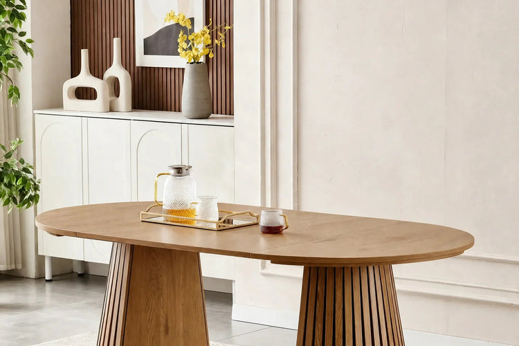 Natural wood dining furniture in a calm gathering space