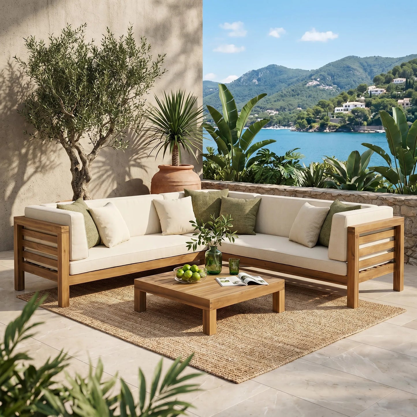 OUTDOOR WOODEN SECTIONAL SET WITH CUSHIONS, BEIGE – view 1