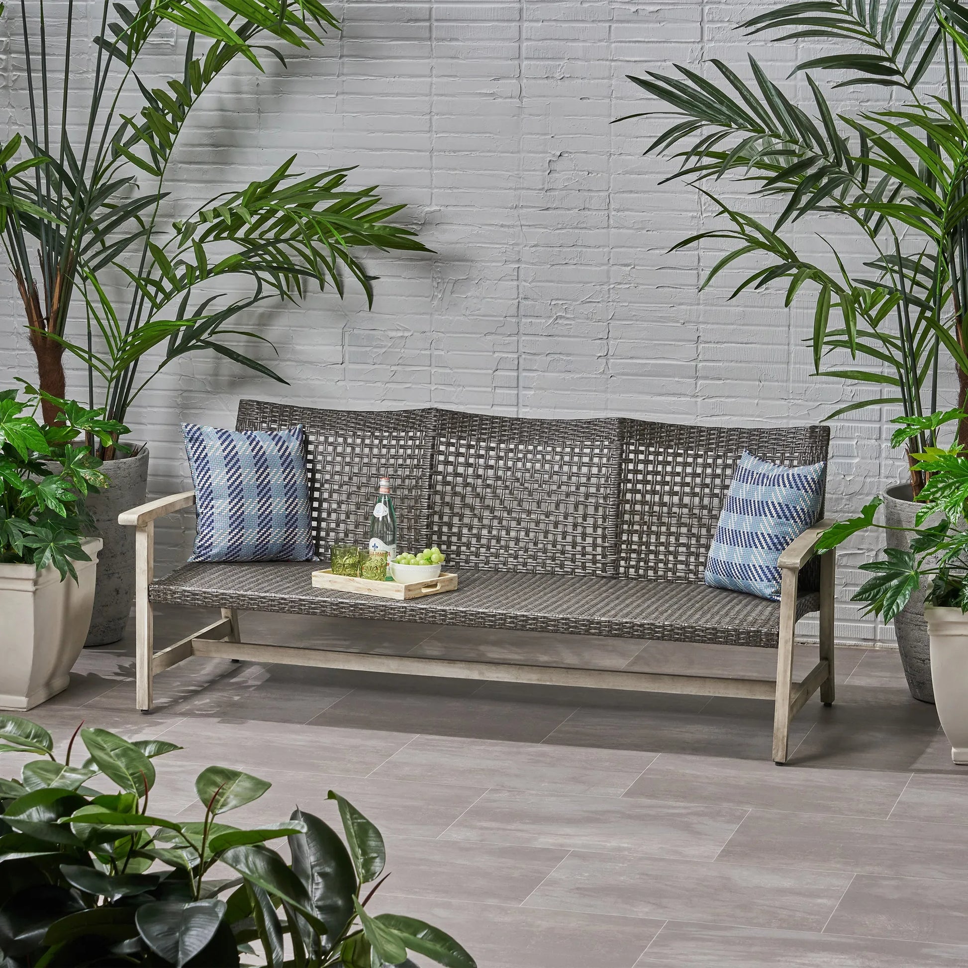 Outdoor Acacia Wood Wicker 3 Seater Sofa, Patio Furniture Conversation Set for Backyard – view 1