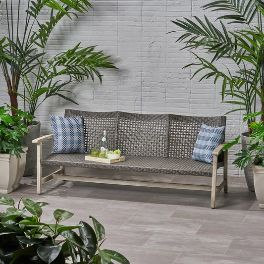 Outdoor Acacia Wood Wicker 3 Seater Sofa, Patio Furniture Conversation Set for Backyard – view 1