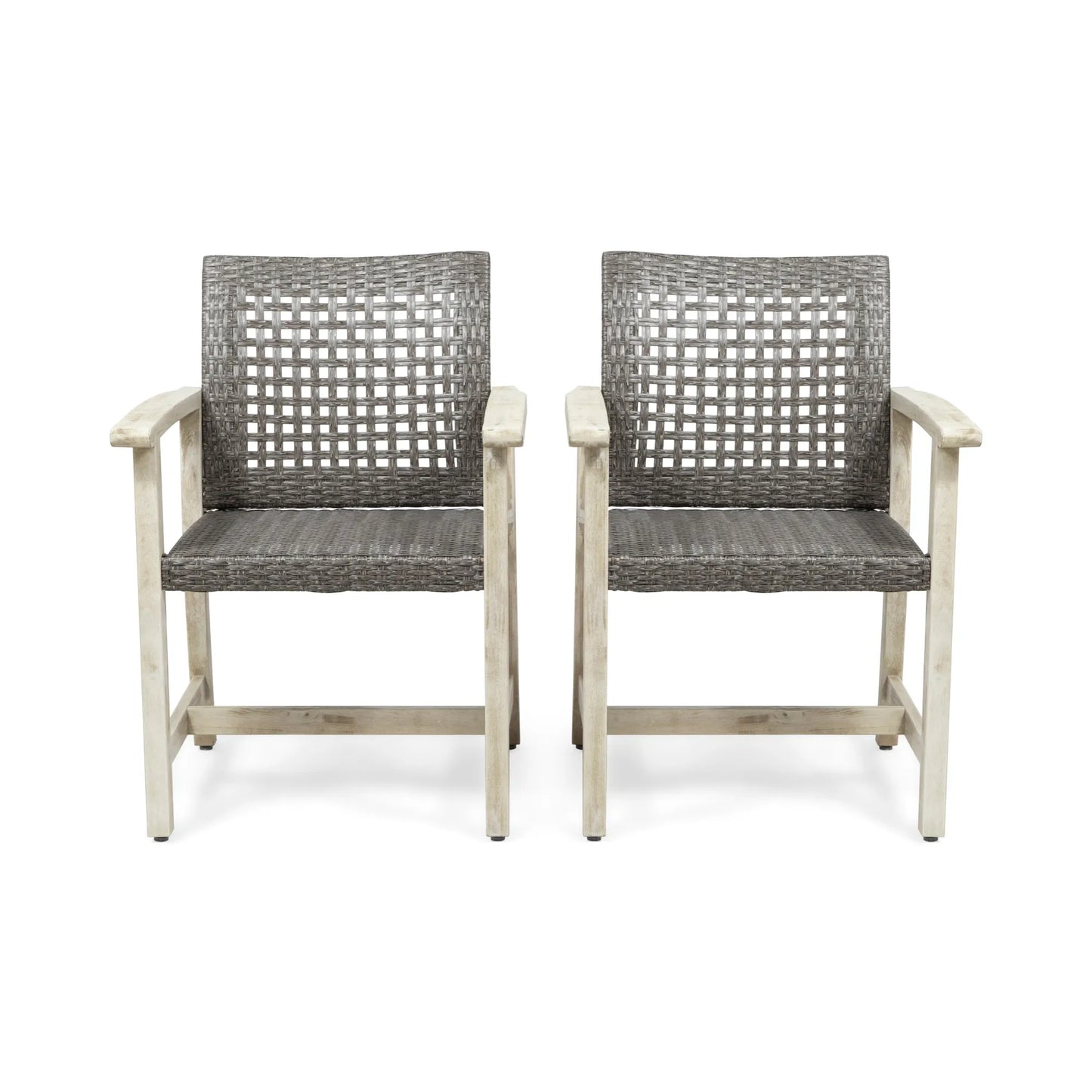 Outdoor Dining Chair Set of 2, Light Grey Wash Acacia Wood Frame and Mix Black PE Rattan Wicker – view 1
